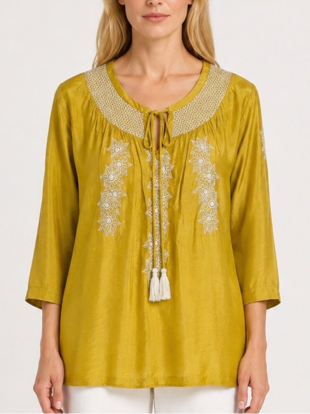 NWT Soft Surroundings Lauralin Embroidered Tassel Tie Top in Spicy Mustard - L